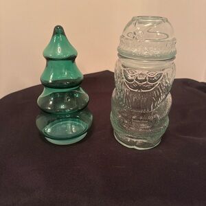 Vintage Christmas Glass Duo – Green Tree Jar & Clear Santa Jar - candy jars